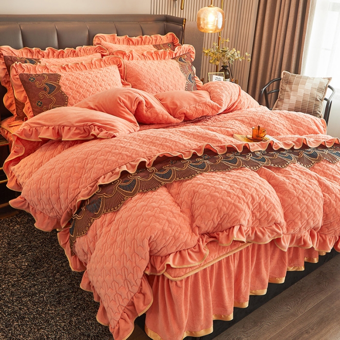 91家纺网 家纺一手货源 找家纺 情恒家纺 2025新款全夹棉床笠四件套 千鸟格缘 橙玉