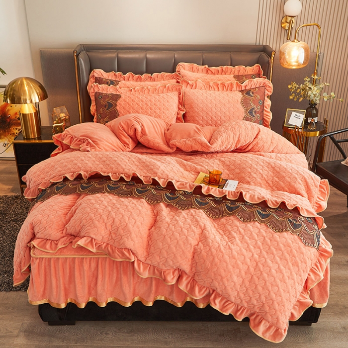 91家纺网 家纺一手货源 找家纺 情恒家纺 2025新款全夹棉床笠四件套 千鸟格缘 橙玉