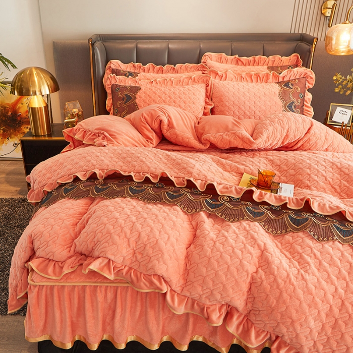 91家纺网 家纺一手货源 找家纺 情恒家纺 2025新款全夹棉床笠四件套 千鸟格缘 橙玉