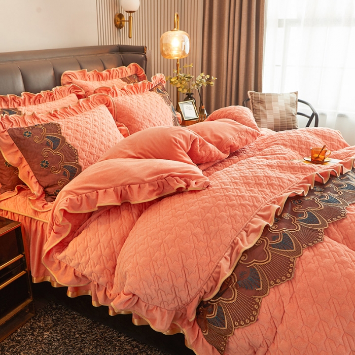 91家纺网 家纺一手货源 找家纺 情恒家纺 2025新款全夹棉床笠四件套 千鸟格缘 橙玉