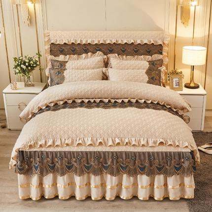 91家纺网 家纺一手货源 找家纺 情恒家纺 2025新款全夹棉床裙款四件套 千鸟格缘 香金