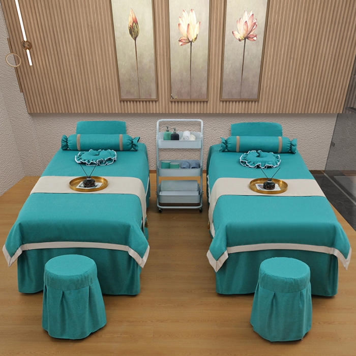 91家纺网 家纺一手货源 找家纺 不打烊家纺2022新款美容床罩系列套件—风华绝代 湖蓝