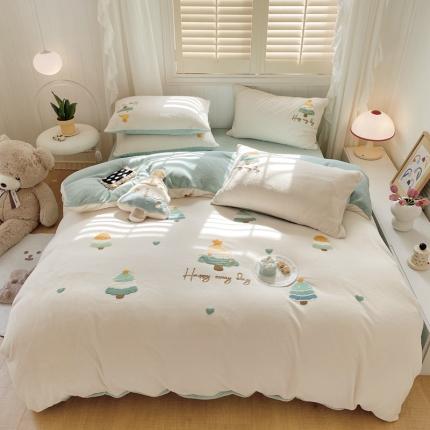 91家纺网 家纺一手货源 找家纺 眠屿 2022新款毛巾绣牛奶绒四件套心愿树