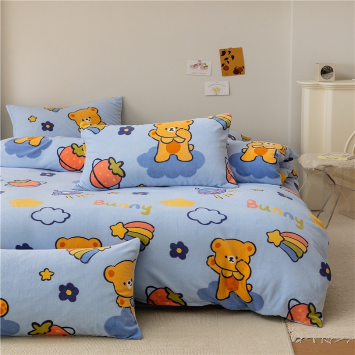 91家纺网 家纺一手货源 找家纺 棉眠 2022新款卡通牛奶绒四件套 班尼熊-蓝