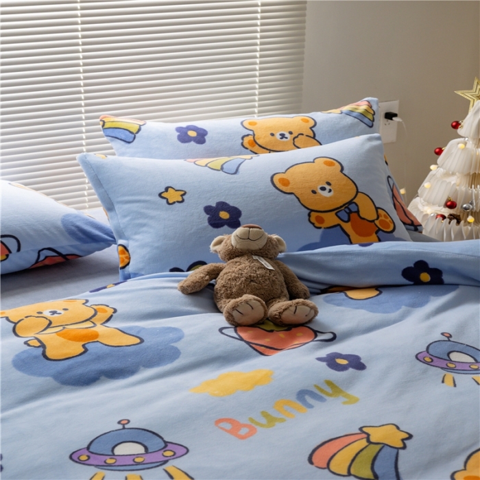 91家纺网 家纺一手货源 找家纺 棉眠 2022新款卡通牛奶绒四件套 班尼熊-蓝