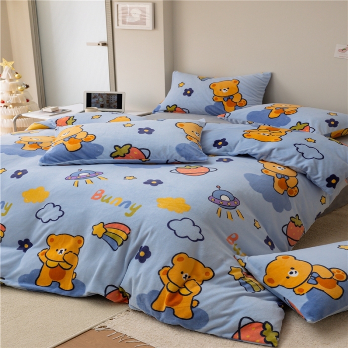 91家纺网 家纺一手货源 找家纺 棉眠 2022新款卡通牛奶绒四件套 班尼熊-蓝