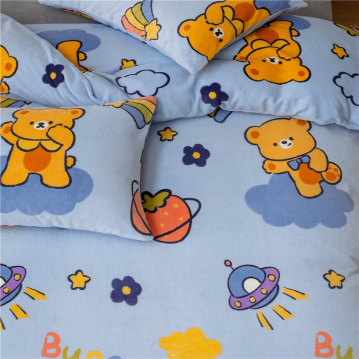 91家纺网 家纺一手货源 找家纺 棉眠 2022新款卡通牛奶绒四件套 班尼熊-蓝