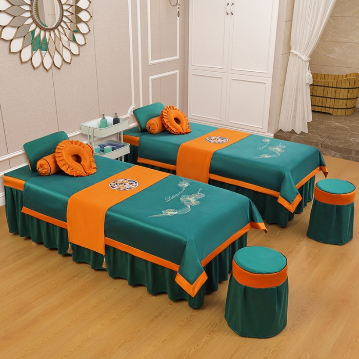 91家纺网 家纺一手货源 找家纺 不打烊家纺 2025新款欧洲尼美容床罩系列套件—墨绿款 花好月圆孔雀蓝