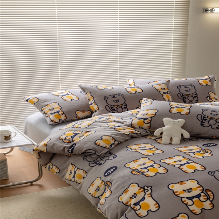 91家纺网 家纺一手货源 找家纺 棉眠 2022新款卡通牛奶绒四件套 跳跳虎-灰