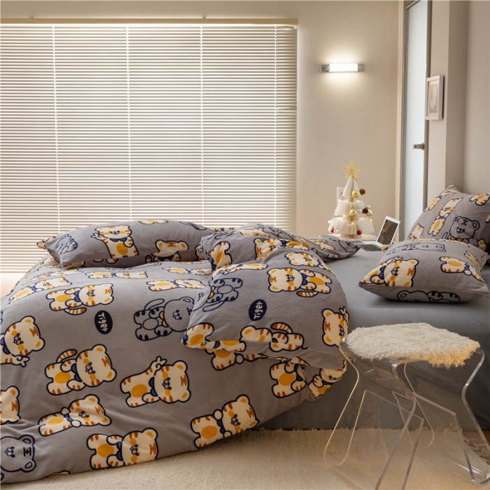 91家纺网 家纺一手货源 找家纺 棉眠 2022新款卡通牛奶绒四件套 跳跳虎-灰
