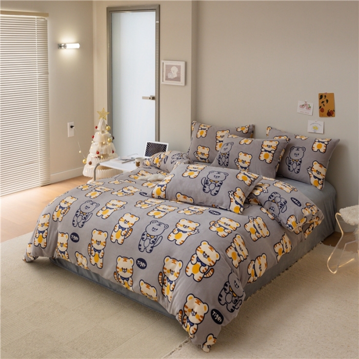 91家纺网 家纺一手货源 找家纺 棉眠 2022新款卡通牛奶绒四件套 跳跳虎-灰