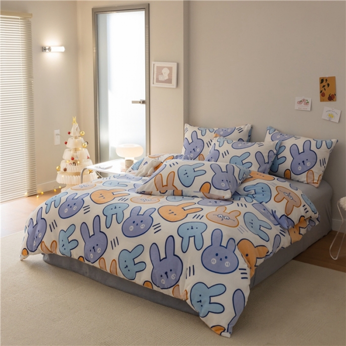 91家纺网 家纺一手货源 找家纺 棉眠 2022新款卡通牛奶绒四件套 兔奇-白