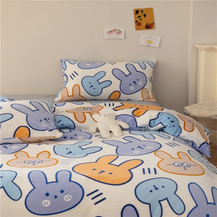 91家纺网 家纺一手货源 找家纺 棉眠 2022新款卡通牛奶绒四件套 兔奇-白