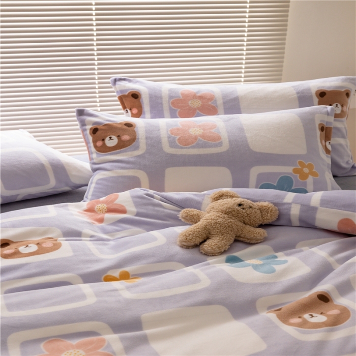 91家纺网 家纺一手货源 找家纺 棉眠 2022新款卡通牛奶绒四件套 熊朵儿-紫