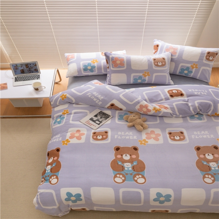 91家纺网 家纺一手货源 找家纺 棉眠 2022新款卡通牛奶绒四件套 熊朵儿-紫