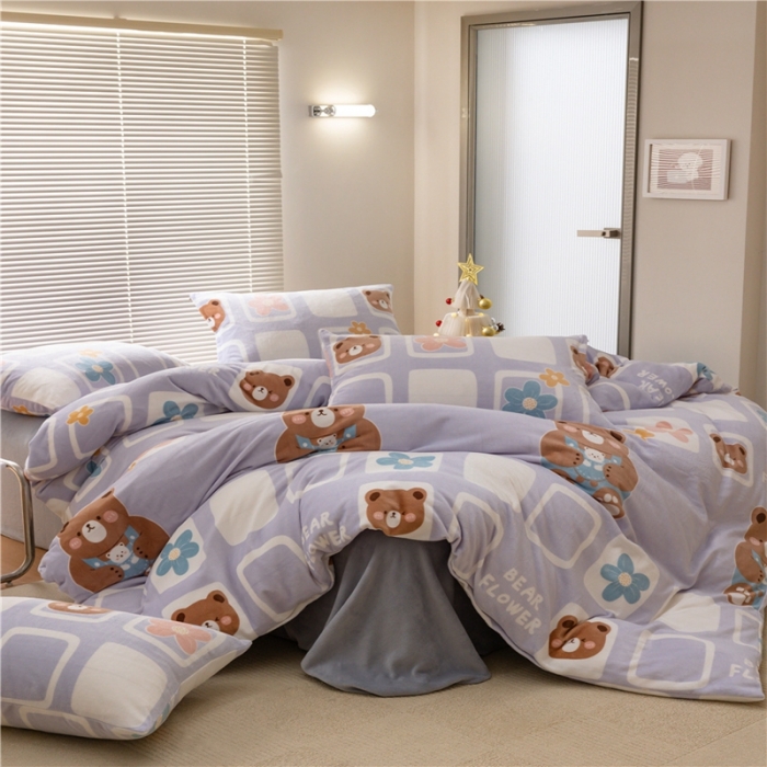 91家纺网 家纺一手货源 找家纺 棉眠 2022新款卡通牛奶绒四件套 熊朵儿-紫