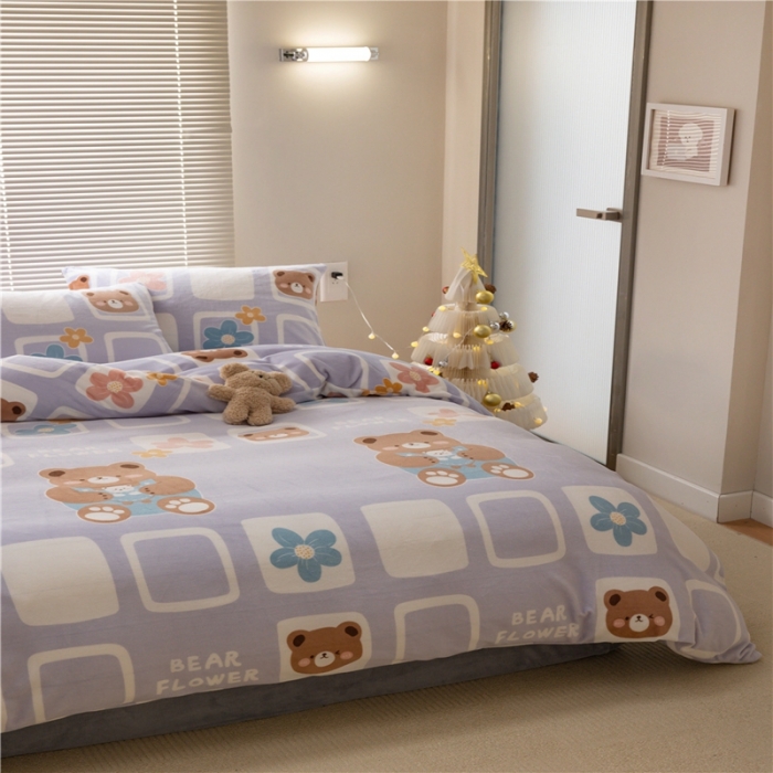 91家纺网 家纺一手货源 找家纺 棉眠 2022新款卡通牛奶绒四件套 熊朵儿-紫