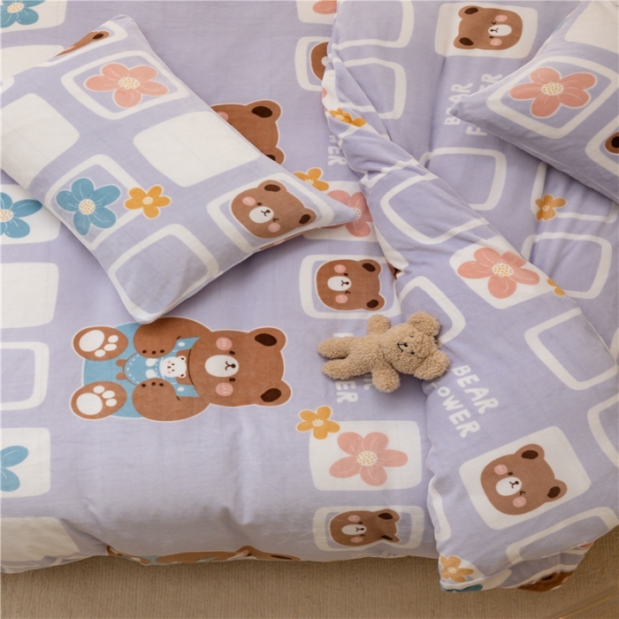 91家纺网 家纺一手货源 找家纺 棉眠 2022新款卡通牛奶绒四件套 熊朵儿-紫