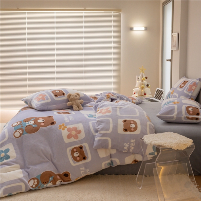 91家纺网 家纺一手货源 找家纺 棉眠 2022新款卡通牛奶绒四件套 熊朵儿-紫