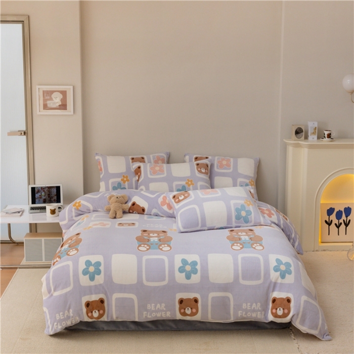 91家纺网 家纺一手货源 找家纺 棉眠 2022新款卡通牛奶绒四件套 熊朵儿-紫