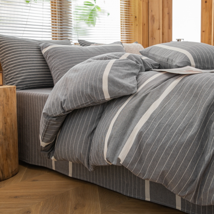 91家纺网 家纺一手货源 找家纺 柠萌家居 2022新款全棉色织水洗棉无印风四件套 光阴灰