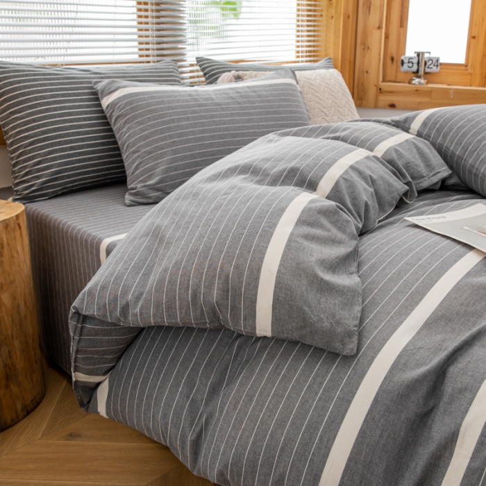 91家纺网 家纺一手货源 找家纺 柠萌家居 2022新款全棉色织水洗棉无印风四件套 光阴灰