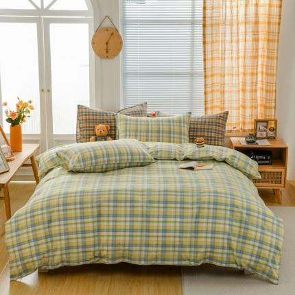 柠萌家居 2022新款全棉色织水洗棉无印风四件套 简爱黄格