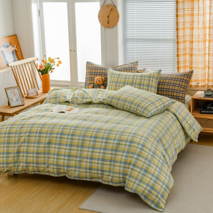 91家纺网 家纺一手货源 找家纺 柠萌家居 2022新款全棉色织水洗棉无印风四件套 简爱黄格