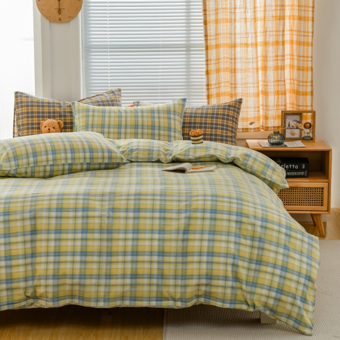 91家纺网 家纺一手货源 找家纺 柠萌家居 2022新款全棉色织水洗棉无印风四件套 简爱黄格