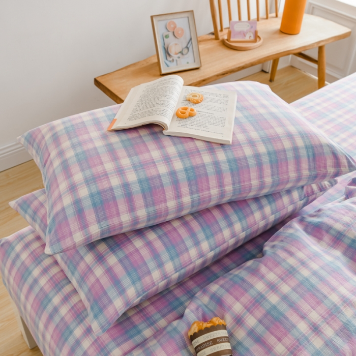 91家纺网 家纺一手货源 找家纺 柠萌家居 2022新款全棉色织水洗棉无印风四件套 简爱紫格