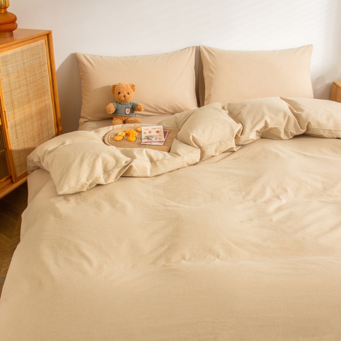 91家纺网 家纺一手货源 找家纺 柠萌家居 2022新款全棉色织水洗棉无印风四件套 卡其