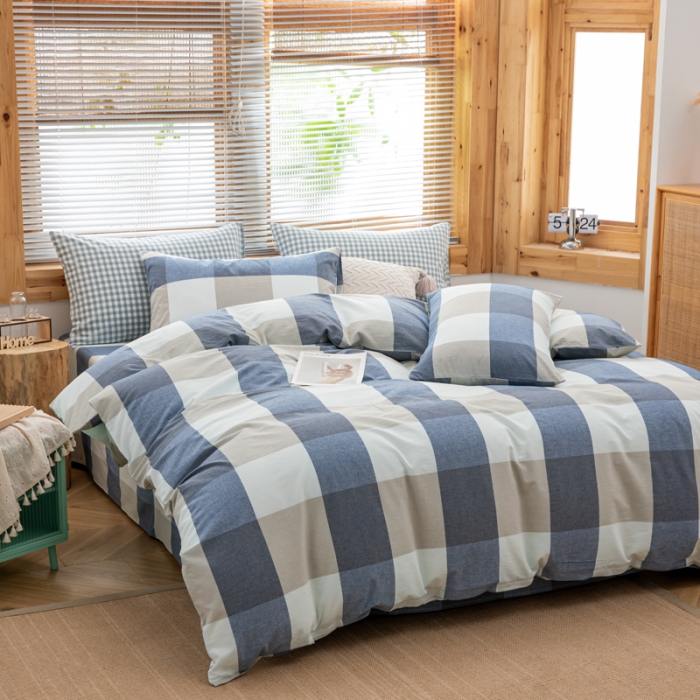 91家纺网 家纺一手货源 找家纺 柠萌家居 2022新款全棉色织水洗棉无印风四件套 蓝白大格