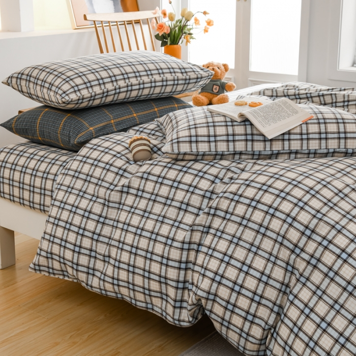 91家纺网 家纺一手货源 找家纺 柠萌家居 2022新款全棉色织水洗棉无印风四件套 里约蓝