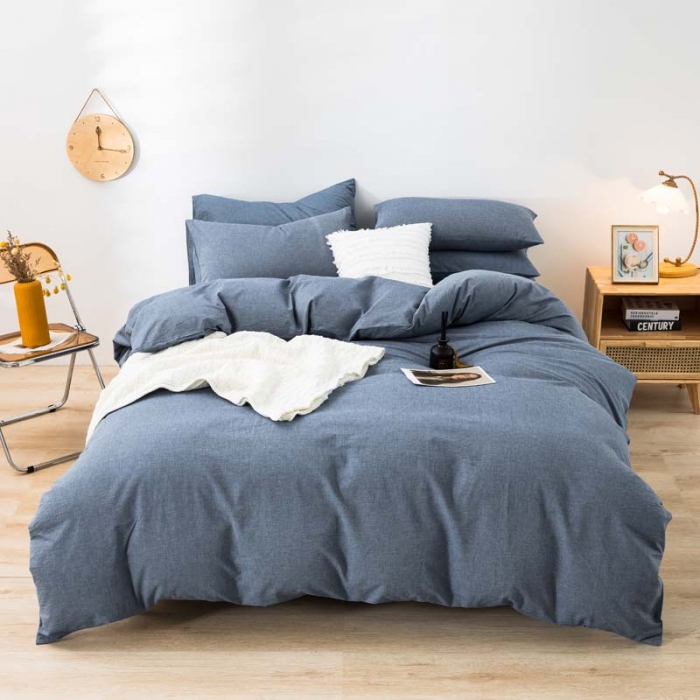 91家纺网 家纺一手货源 找家纺 柠萌家居 2022新款全棉色织水洗棉无印风四件套 牛仔蓝