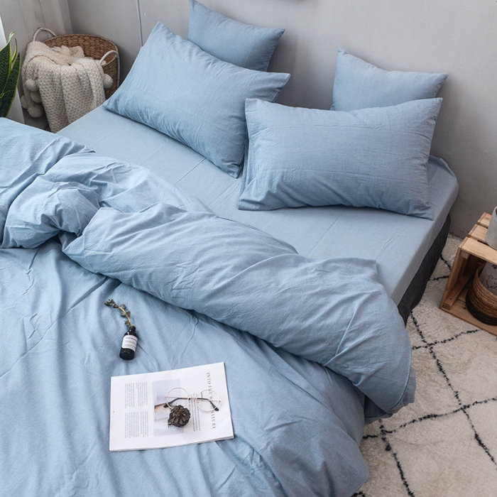 91家纺网 家纺一手货源 找家纺 柠萌家居 2022新款全棉色织水洗棉无印风四件套 浅水蓝