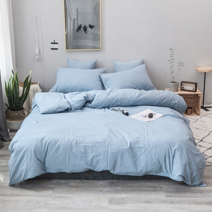 91家纺网 家纺一手货源 找家纺 柠萌家居 2022新款全棉色织水洗棉无印风四件套 浅水蓝