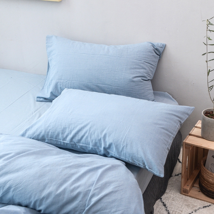 91家纺网 家纺一手货源 找家纺 柠萌家居 2022新款全棉色织水洗棉无印风四件套 浅水蓝