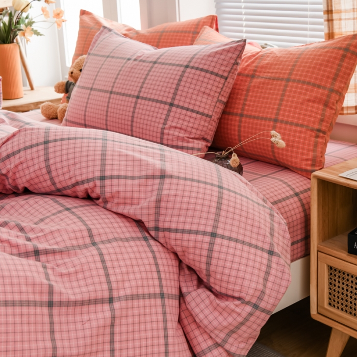 91家纺网 家纺一手货源 找家纺 柠萌家居 2022新款全棉色织水洗棉无印风四件套 瓦尔粉