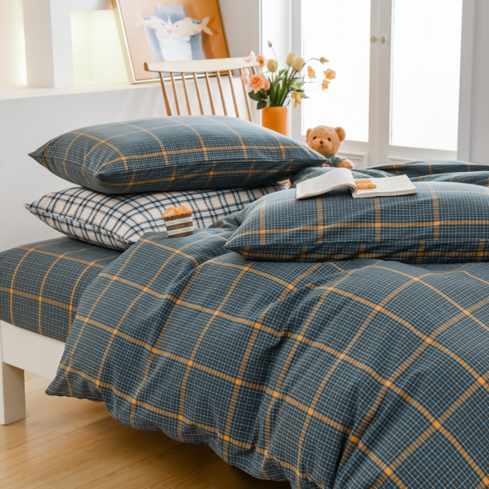 91家纺网 家纺一手货源 找家纺 柠萌家居 2022新款全棉色织水洗棉无印风四件套 瓦尔灰