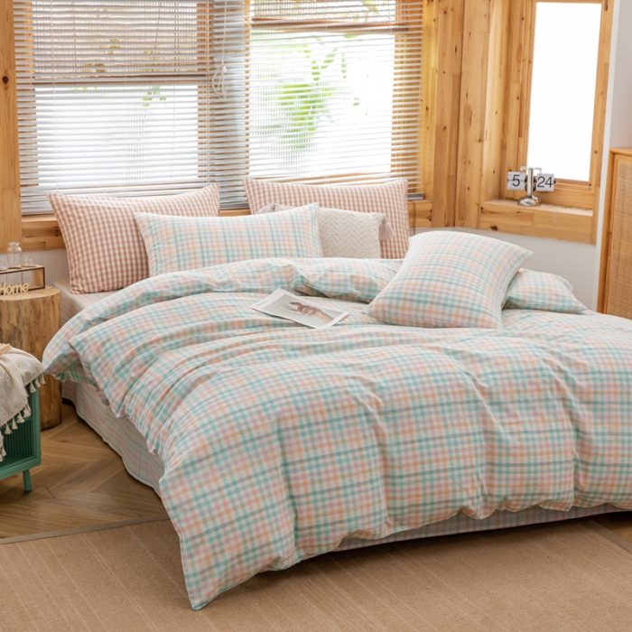 91家纺网 家纺一手货源 找家纺 柠萌家居 2022新款全棉色织水洗棉无印风四件套 小彩格