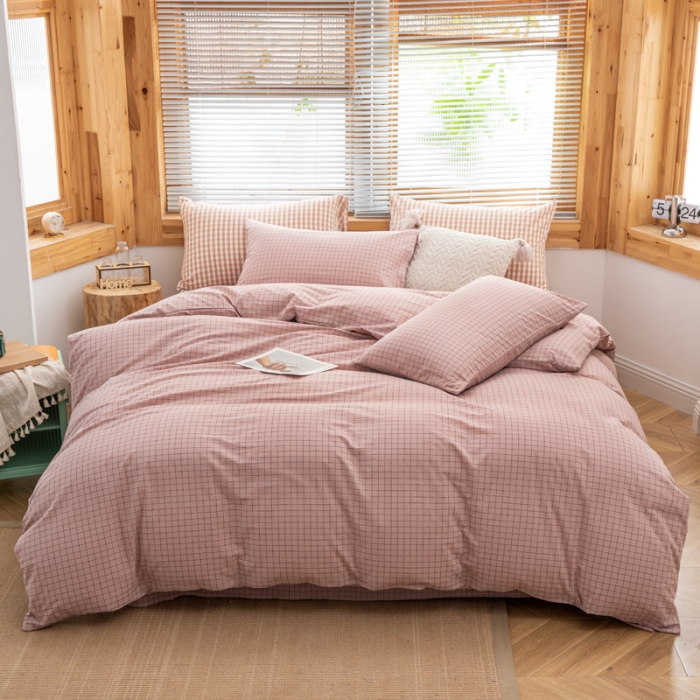 91家纺网 家纺一手货源 找家纺 柠萌家居 2022新款全棉色织水洗棉无印风四件套 小粉格