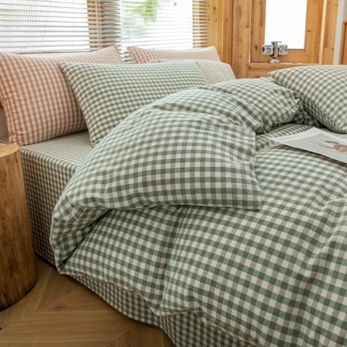 91家纺网 家纺一手货源 找家纺 柠萌家居 2022新款全棉色织水洗棉无印风四件套 小绿格