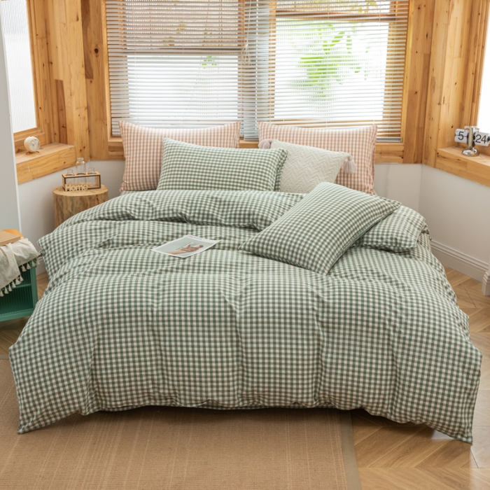 91家纺网 家纺一手货源 找家纺 柠萌家居 2022新款全棉色织水洗棉无印风四件套 小绿格