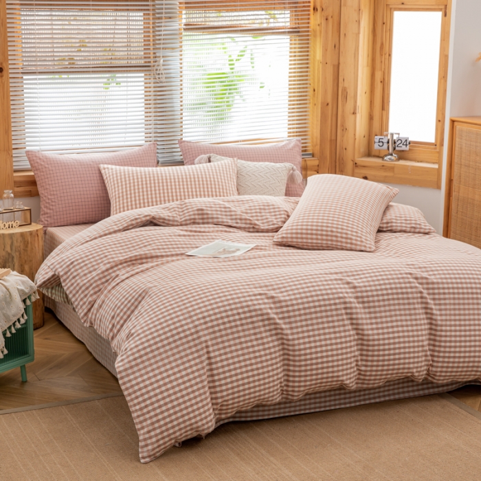 91家纺网 家纺一手货源 找家纺 柠萌家居 2022新款全棉色织水洗棉无印风四件套 玉小格