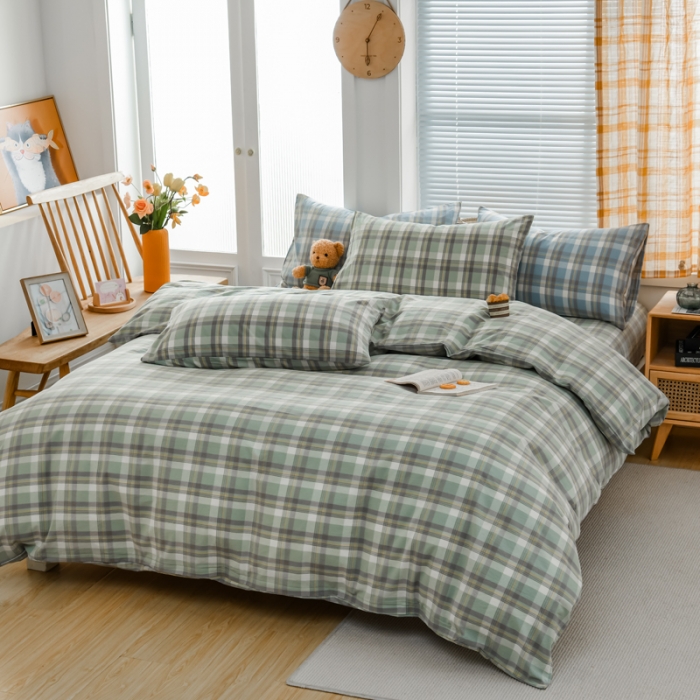 91家纺网 家纺一手货源 找家纺 柠萌家居 2022新款全棉色织水洗棉无印风四件套 遇见绿格