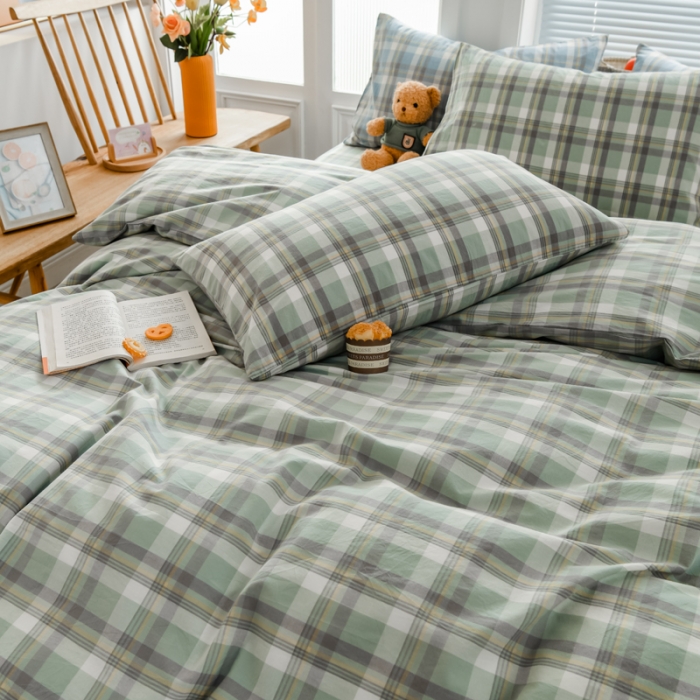 91家纺网 家纺一手货源 找家纺 柠萌家居 2022新款全棉色织水洗棉无印风四件套 遇见绿格