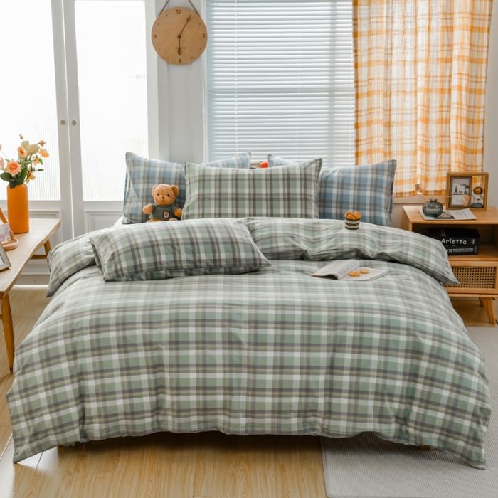 91家纺网 家纺一手货源 找家纺 柠萌家居 2022新款全棉色织水洗棉无印风四件套 遇见绿格