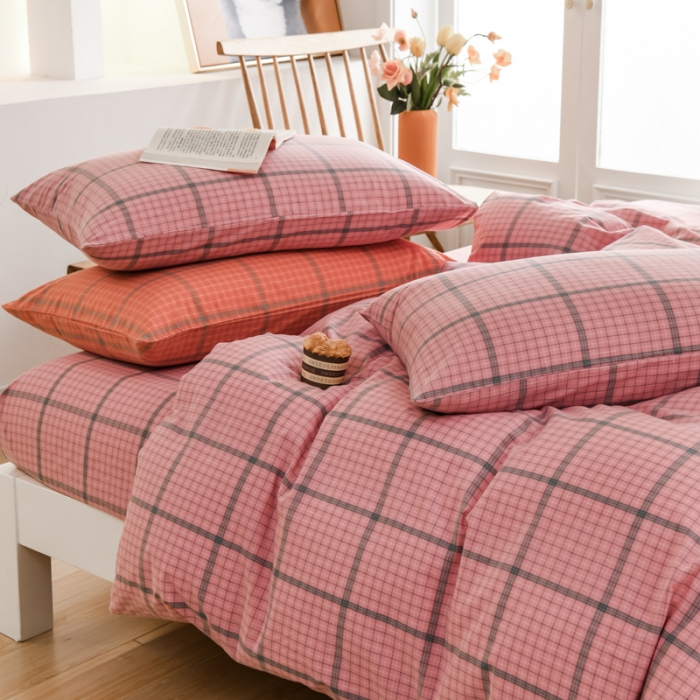 91家纺网 家纺一手货源 找家纺 柠萌家居 2022新款全棉色织水洗棉无印风四件套 瓦尔粉