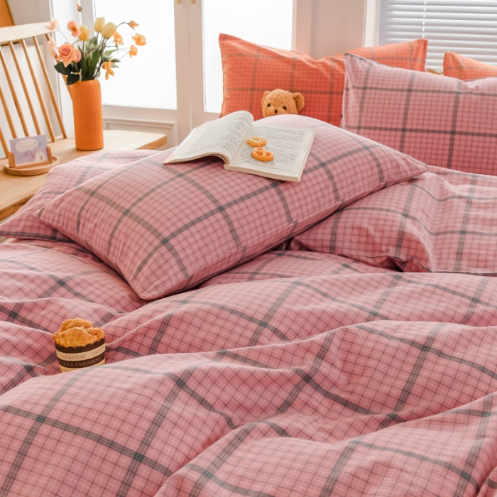 91家纺网 家纺一手货源 找家纺 柠萌家居 2022新款全棉色织水洗棉无印风四件套 瓦尔粉