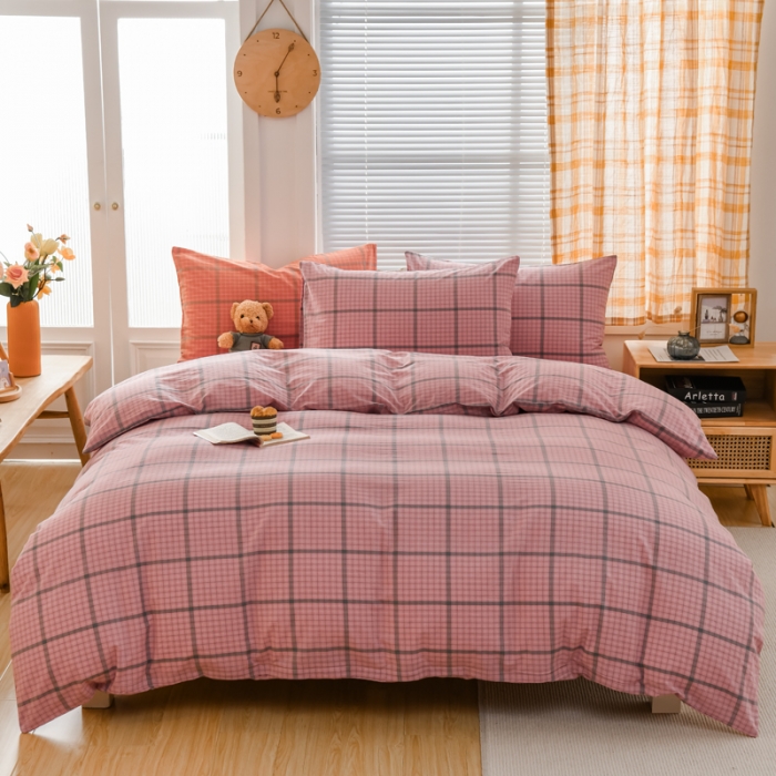 91家纺网 家纺一手货源 找家纺 柠萌家居 2022新款全棉色织水洗棉无印风四件套 瓦尔粉